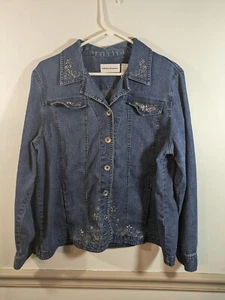 Alfred Dunner Blue Denim Jacket Embroidery Rhinestones Pockets Stretch Size 14 - Picture 1 of 5