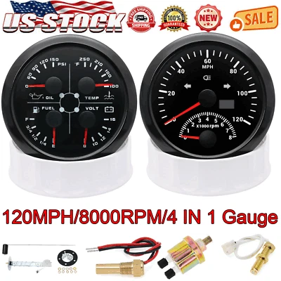 2 Gauge Set 85mm 4 In 1 Gauge&85mm GPS Speedometer 120MPH w/Tacho with Sensor US - Image 1 of 4