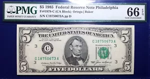 1985 $5 Federal Reserve Note Fr-1978-C Philadelphia 66 Gem EPQ - Picture 1 of 2