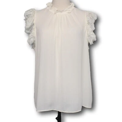 CATHERINE MALANDRINO Sleeveless Top Ruffle Lace High Neck Ivory Sz XL NWT - Image 1 of 4