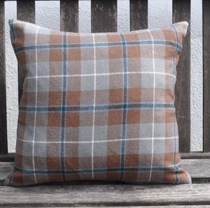 New 16" reversible zipped tartan tweed cushion 100% wool grey brown blue green - Picture 1 of 2