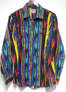 vtg Ely Cattleman BRIGHT STRIPES & BLACK Western Shirt LARGE 90s Cowboy Snaps L - Picture 1 of 8