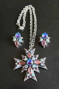 Vntg Colorful 1960s Florenza Maltese Cross Pendant Necklace Brooch Clip Earrings - Picture 1 of 8