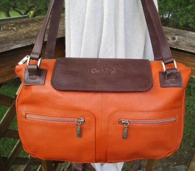 CLEO & PATEK Paris Orange & Brown Leather Satchel Shoulder Bag Purse - Image 1 of 4