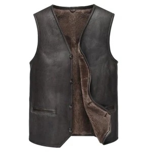 New Men's Brown Real Genuine Sheepskin Leather Shearling Vest New Style Fur Vest - Picture 1 of 4