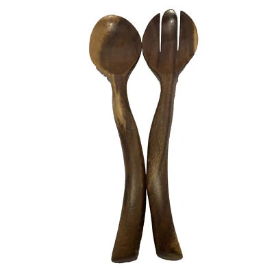 Vintage Mid Century Wood Salad Serving Set 2 Piece Hand Carved Twisted - Image 1 of 3