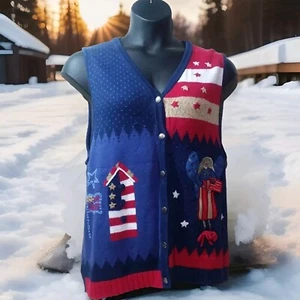 Quacker Factory Sweater Vest Button Front Red,White,Blue Patriotic angel Size L - Picture 1 of 8