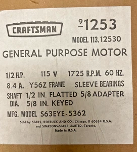 Craftsman Band Saw General Motor 113.12530 1725 RPM 1/2 HP 115V  New in Box!! - Picture 1 of 9