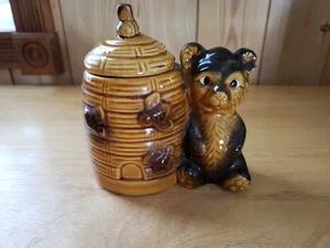 Tarro de miel de oso de cerámica vintage olla de miel de colmena con tapa de abeja marrón esmaltado 5,25" - Imagen 1 de 7