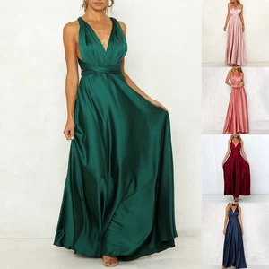 Women's Formal Maxi Dress Satin V neck Multi Way Wrap Elegant Ball Gown - Picture 1 of 37