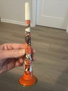 Vintage Halloween Tin Noisemaker Witch Back Cat Moon Bat JOL HORN  US Toy - Picture 1 of 13