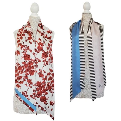 CHRISTIAN DIOR SCARF 双面 BIMOTIF 花朵条纹标志丝绸 OBLIQUE 74"x7" — 第 1/4 张图片