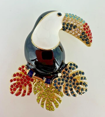 Broche Talbots Tucán Esmaltado Blanco y Negro con Hojas de Estrás Multicolor Foto 1 de 4
