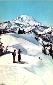 Washington State Postcard Mt. Rainier WA Naches Pass Skiers Unused Scenic View - Picture 1 of 2