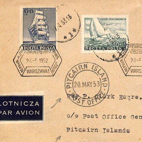 POLAND Ships 1952 FDC Flown *PITCAIRN ISLAND* DESTINATION Warsaw Air Mail XC109 - Image 1 of 4