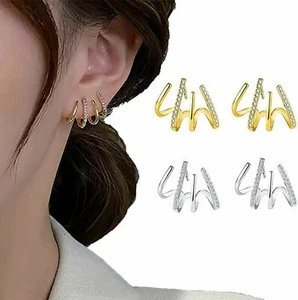Shiny Crystal Claw Earrings Cuff for Women 925 Silver Needle Ear Piercing Studs - Picture 1 of 12