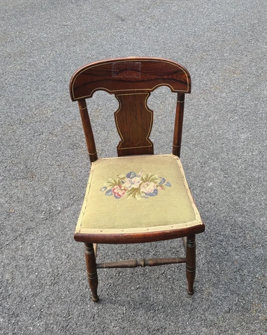 Antique Chair W/ Needlepoint Cushion Floral Green Blue Pink Cover