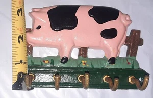 Vintage Cast Iron Pig 5 Key Hooks Hanger Rustic Metal Farmhouse Wall Mount 5.25” - Picture 1 of 6