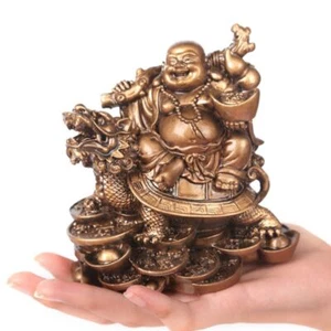 Laughing Buddha Riding Dragon Turtle Figurines Statue Buddha Ornaments Chinese - Picture 1 of 10