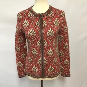Nomadic Traders Small Coral Brown Cardigan Sweater Full Zip Fleur De Lis Knit - Picture 1 of 8