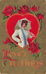 CARTOLINA D'EPOCA ROMANTICA BELLA DONNA NEL CUORE SALUTI D'AMORE 1910 051524 T - Foto 1 di 2
