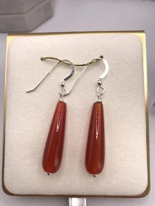 Sterling Silver Carnelian Earrings Dangle Long Drop Briolette - Picture 1 of 7