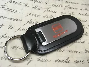 SEAT BLACK LEATHER KEY RING FOB ETCHED AND INFILLED LEON IBIZA FR ALECA - Picture 1 of 3