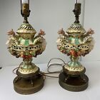 Pair Of Capodimonte Porcelain Exotic Winged Dragon Lamps Hand Painted Italy