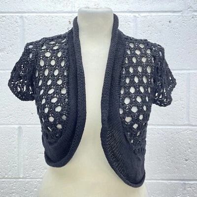 VOULEZ VOUS BLACK KNIT CARDIGAN CROCHET VINTAGE CROPPED SHORT SLEEVE UK S - Image 1 of 4