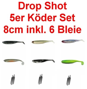 Angelset Barsch Forelle 5 Stück Dropshot Köder inkl. 6 Drop Shot Blei Shads NEU - Bild 1 von 15