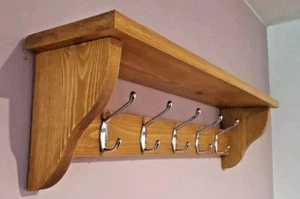 ABRIGO Con ESTANTE Hecho a Mano 5 Ganchos Dobles Plata Mediano Roble Cera Montado en Pared - Imagen 1 de 7