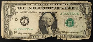 Series of 1969 $1 Federal Reserve Note, Kansas City! J22223222A! Seven 2's! - Picture 1 of 4
