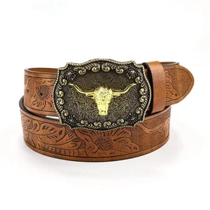 Vintage Mens Western Cowboy Belt Bull Pattern Waistband Waist Belt Mens - Picture 1 of 22