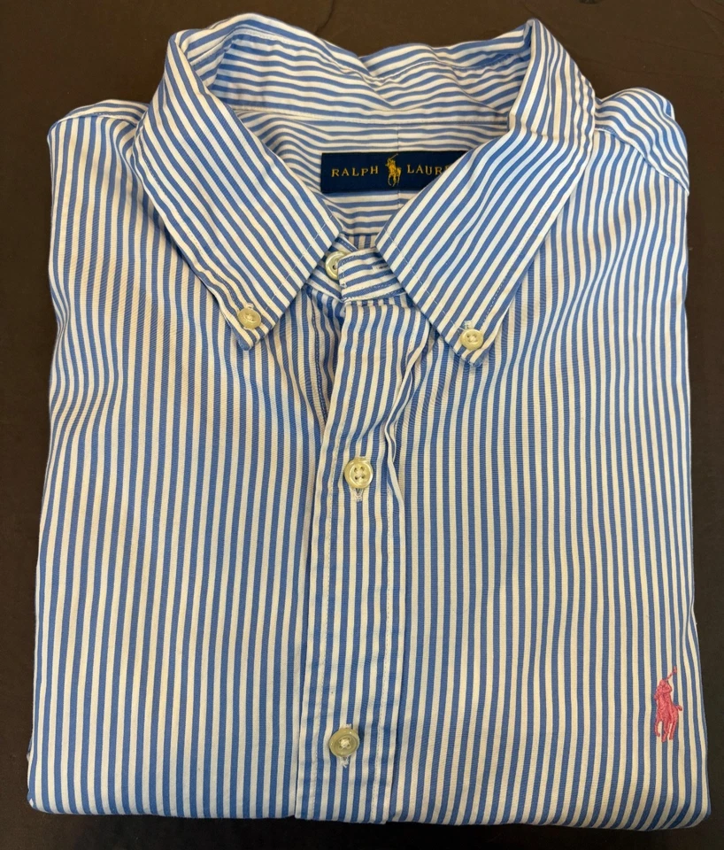 Camisa Ralph Lauren Para Hombre XL Azul Rayas 100% Algodón Botón Delantero Manga Larga Foto 1 de 4