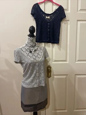 Lot Of 3 Hollisters Summer Outfit Mini Skirt Silver Sequin & 2 Lace Tops A/M - Image 1 of 4