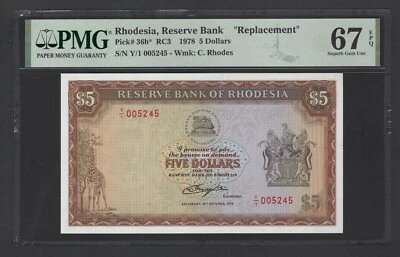 Rhodesia 5 Dollars 20-10-1978 P36b* Replacement Uncirculated Grade 67 - Image 1 of 2