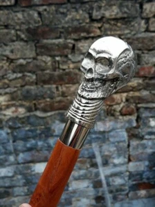 Antique Walking Stick With Skull Brass Head Handle Vintage Wooden Cane For Gift - Picture 1 of 9