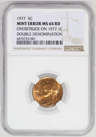 1977 Jefferson Nickel Mint Error Overstruck on 1977 Cent NGC MS64 RD - JP404 Cover