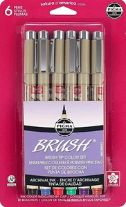 SAKURA PIGMA BRUSH Tip Color Pen Set ~ 6 Pc. ~ Assorted Colors #38061 - Picture 1 of 1