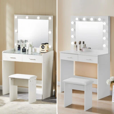 LED Dressing Table Makeup Desk with Stool Mirror Bedroom Vanity Set Modern - Image 1 of 4