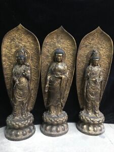 34.4" alte chinesische Kupferbuddhismus Drei Heilige des Westens Skulptur