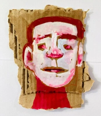 Pintura de retrato de homem peculiar extravagante arte original papelão rasgado - Imagem 1 de 4