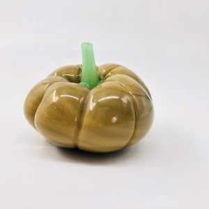 FALL PUMPKIN PAPERWEIGHT MUSTARD YELLOW Green Stem Fruit Vegetable ART GLASS - Picture 1 of 8