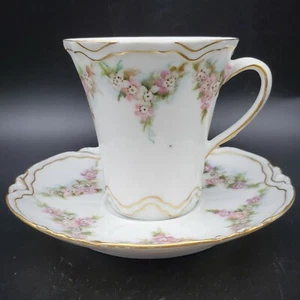 Antiguo Haviland Francia Taza de Té y Platillo Pintado a Mano Rosa Floral Oro Firmado - Imagen 1 de 8