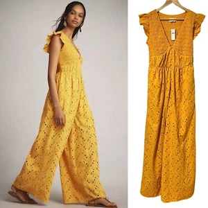 Anthropologie Peregrine Eyelet Wide Leg Jumpsuit Size M TALL Yellow Smocked NEW - Picture 1 of 10