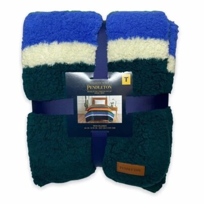 Pendleton Blanket Sherpa Fleece Reversible Washable Soft Evergreen Stripe NWT - Image 1 of 4