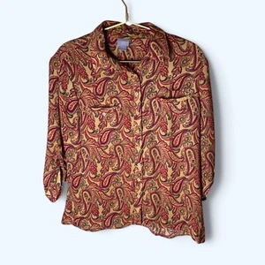 LAURA SCOTT Orange & Red Womens Blouse Shirt Top Size L Petite Paisley Pattern - Picture 1 of 6