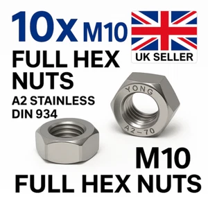 10x M10 A2 Stainless Full Hex Nuts | DIN 934 Metric | Rustproof UK Stock - Picture 1 of 5