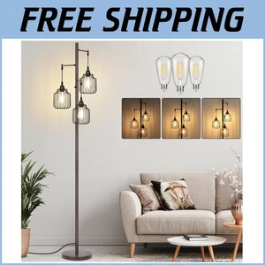 Dimmable Industrial Floor Lamp with 3 LED Edison Bulbs - Rustic Brown Design - Picture 1 of 9