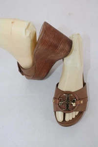 Tory Burch Patti Wedge Sandals Size 7 Brown Leather Gold Logo Slip-On 3” Heel - Picture 1 of 11